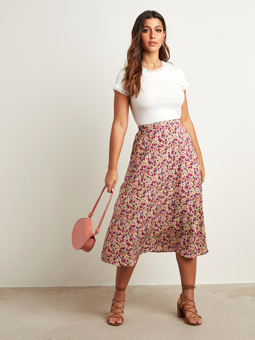 Buy Pleated A Line Midi Skirt with Floral Print Pink For Women Styli Kuwait