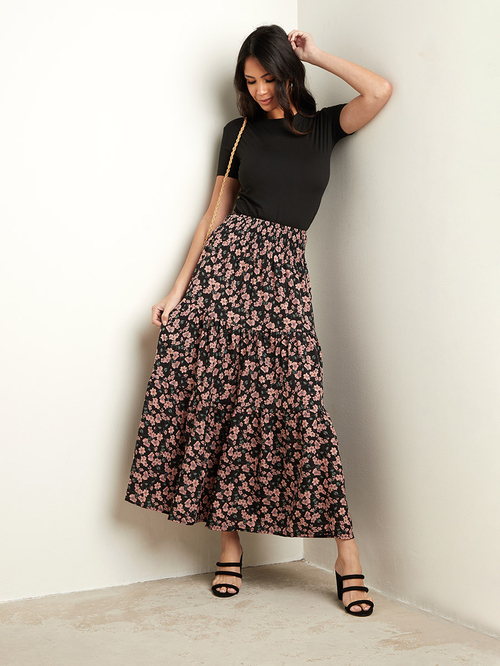 Floral print tiered maxi skirt hot sale