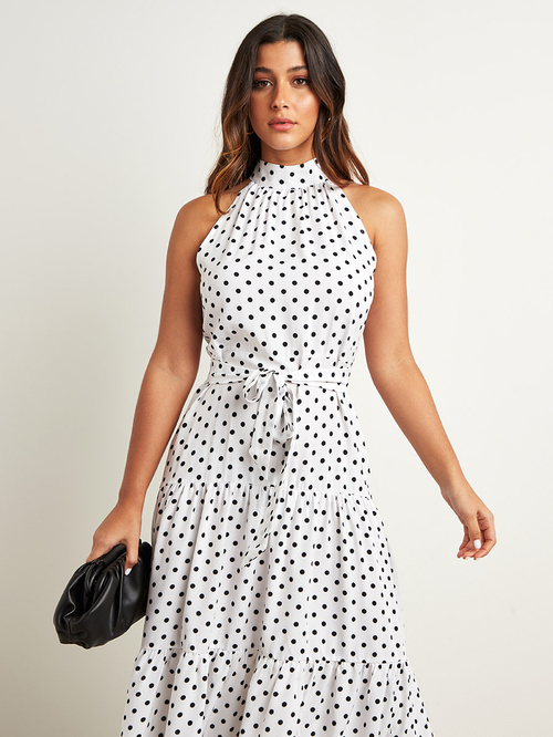 Buy Polka Dot Printed Halter Neck Tiered Maxi Dress White For Women Styli Saudi