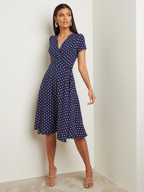 Buy V Neck Polka Dot Wrap A Line Midi Dress Navy Blue For Women Styli Saudi