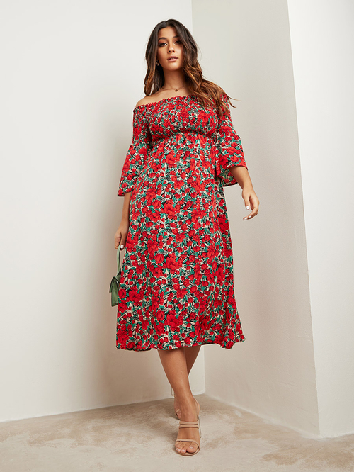 Floral Printed Bardot Midi Dress with 3 4 Sleeves