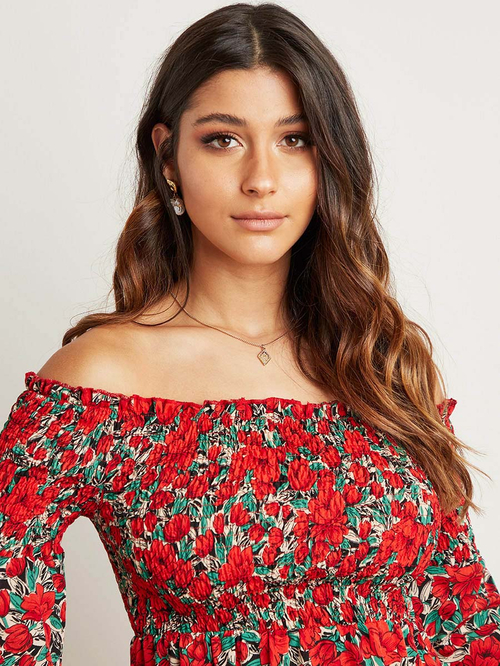 Forever unique red print bardot midi dress deals