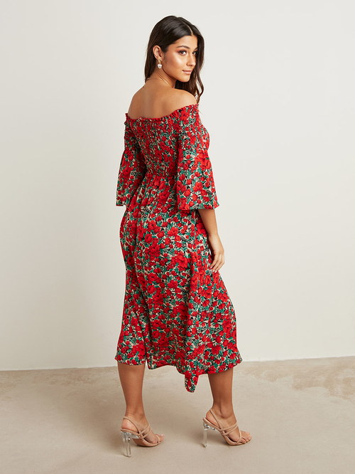 Buy Floral Printed Bardot Midi Dress with 3 4 Sleeves Red For Women Styli Saudi