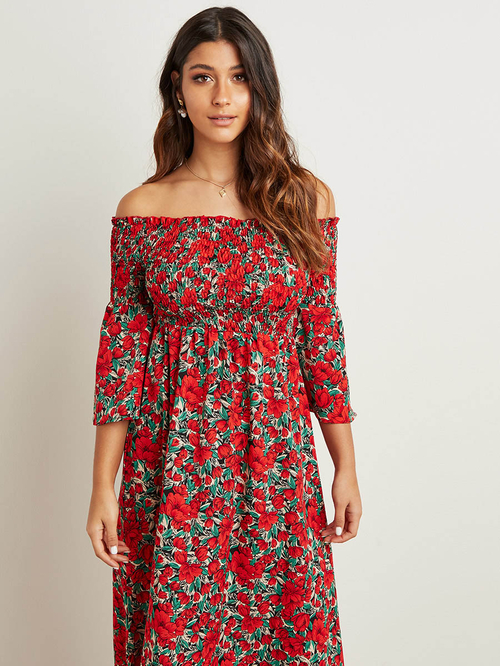 Forever unique red print bardot midi dress 2025