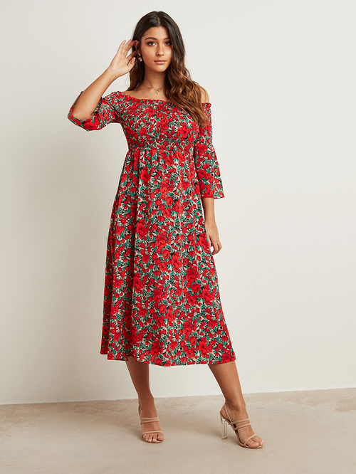 Forever unique red print bardot midi dress 2025