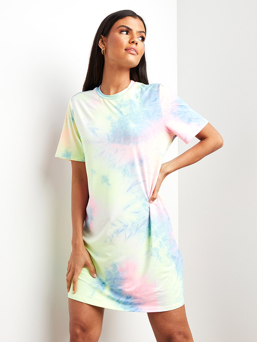 Buy Tie Dye Short Sleeves T shirt Mini Dress Yellow For Women Styli Saudi