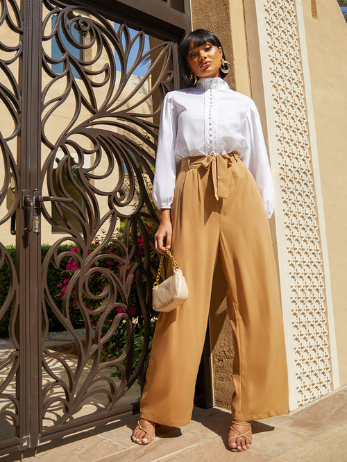 Wide leg pants with tie belt top