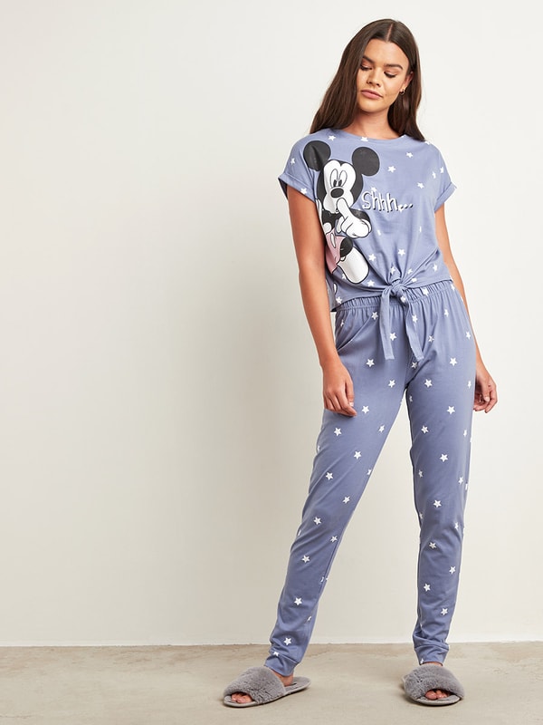 Mickey Mouse Printed T-shirt and Full Length Pyjama Set For Women