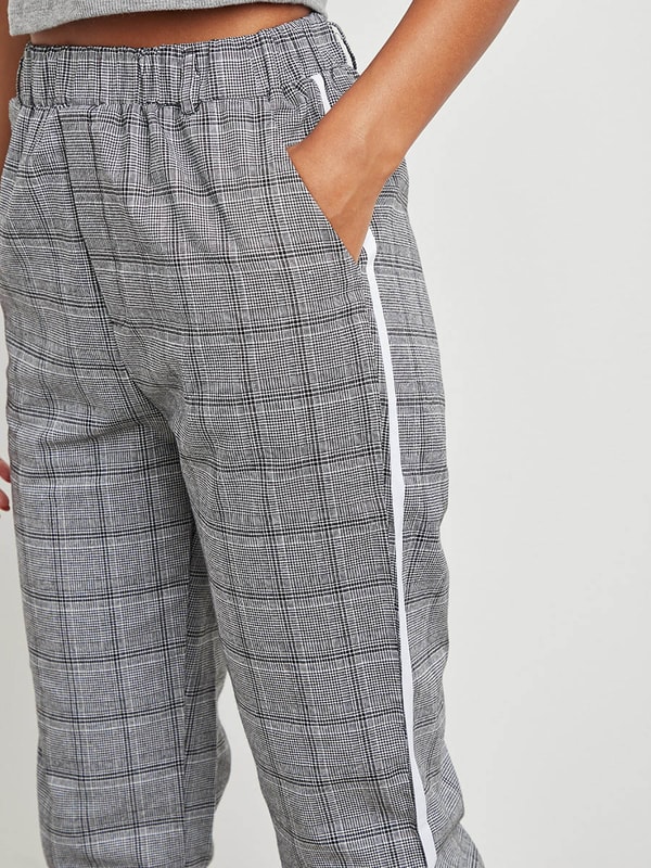 Checked High Waisted Pants with Side Stripe Panel | Styli