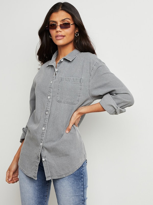 Button Through Denim Shirt with Long Sleeves | Styli