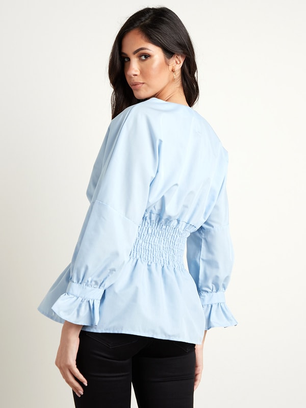 Balloon Sleeves Shirred Waist Blouse with Button Loop | Styli