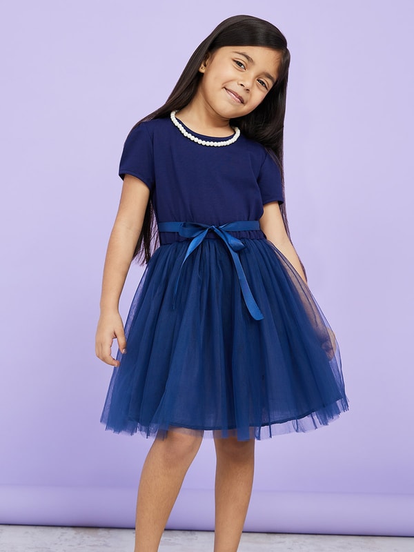 Buy Mesh Insert Dress with Pearl Necklace Navy Blue For Kids Styli Saudi