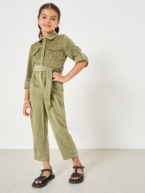 Button and Pocket Front Belted Jumpsuit For Kids at Saudi Styli