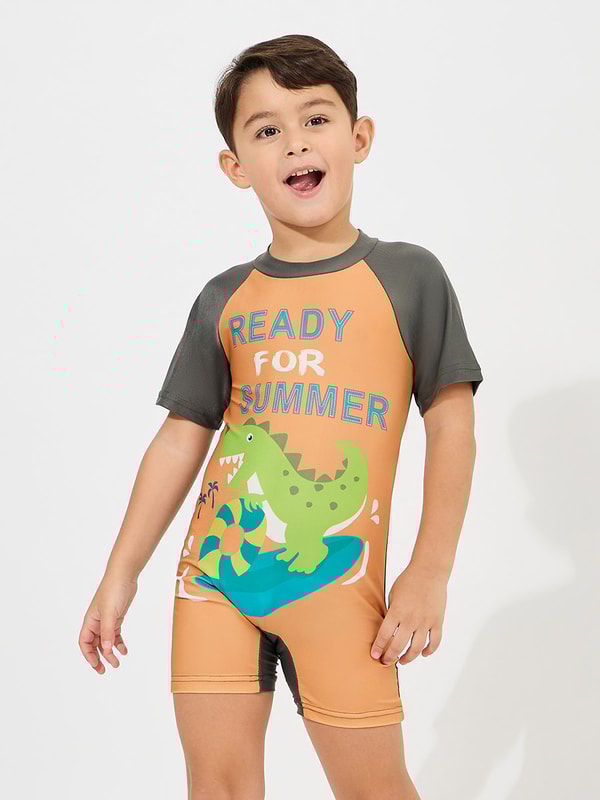 Buy Dinosaur Print Swimsuit with Cap Set Orange For Kids Styli UAE
