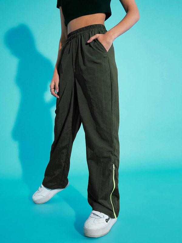 Buy Out Seam Neon Zipper Cargo Parachute Pants Green For