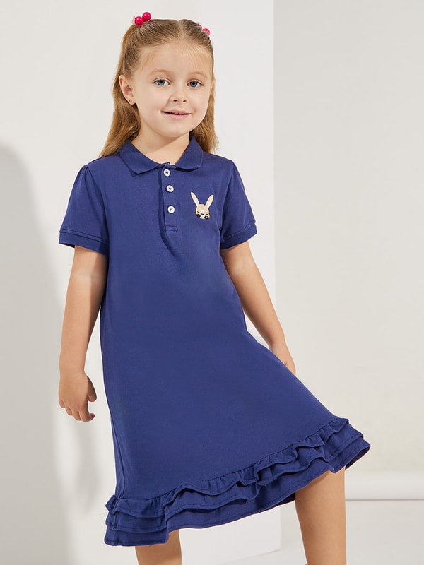 Buy Preppy Rabbit Embroidery Cotton Polo Dress Dark Blue For