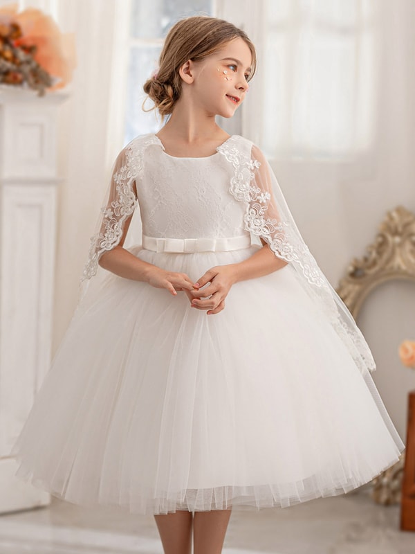 Lace Cape Sleeve Mesh Fit and Flare Dress For Kids at Saudi | Styli
