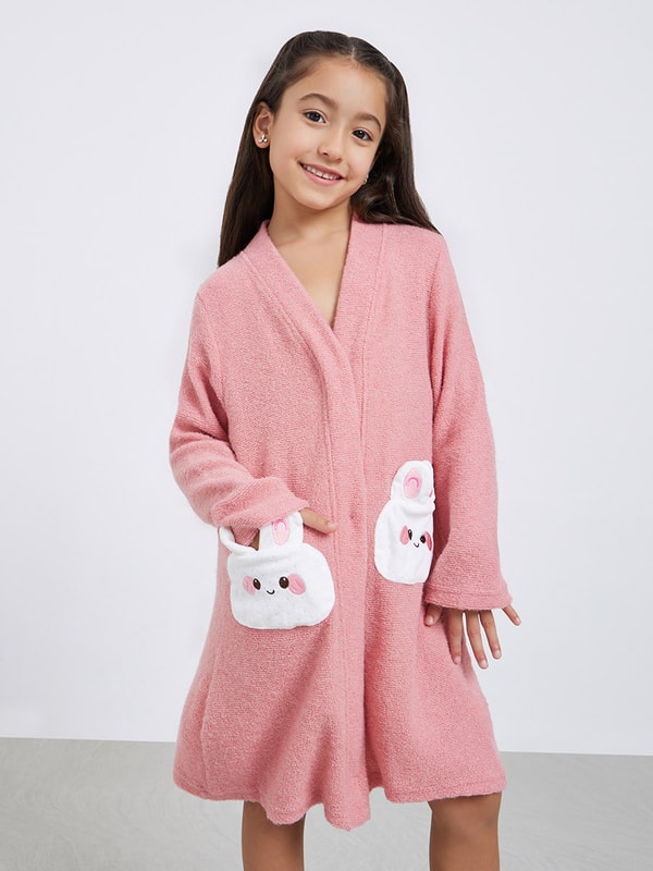Girls Pink Bunny Ear Applique Robe For Kids at Saudi | Styli