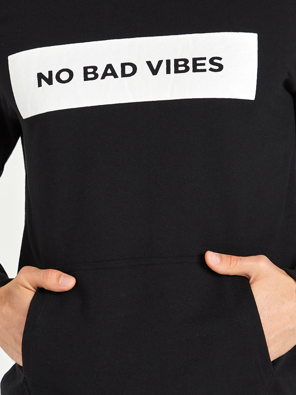 Buy No Bad Vibes Slogan Print Hoodie with Front Pocket Black For Men Styli Saudi