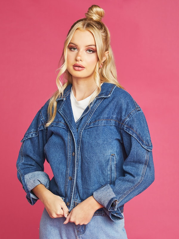 Collared Denim Jacket with Snap Button Closure Styli