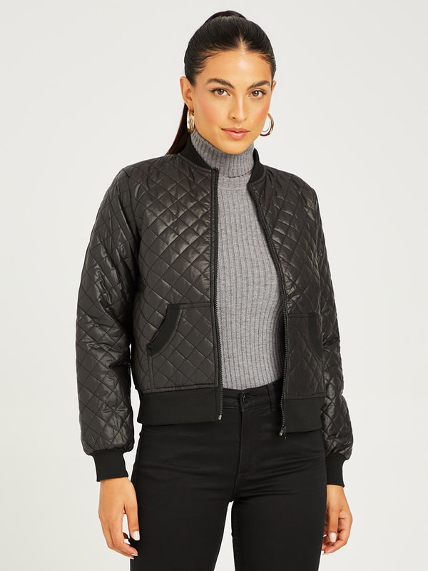Buy Long Sleeves Zip Through Quilted Bomber Jacket Black For