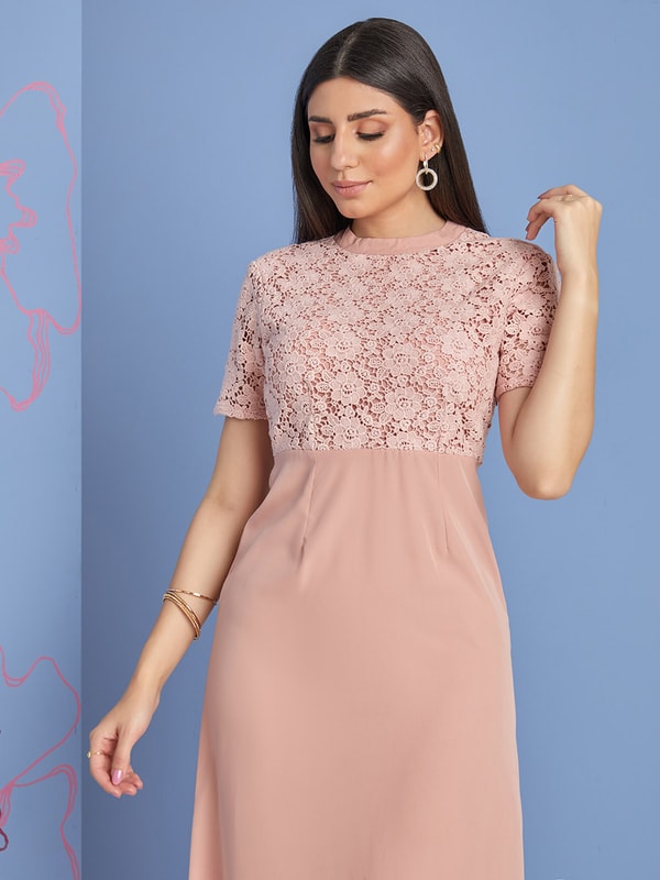 Short Sleeves High Neck Lace Yoke Maxi Dress Styli