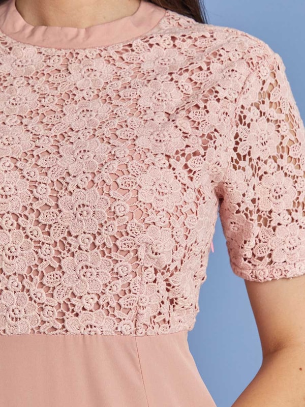 Short Sleeves High Neck Lace Yoke Maxi Dress Styli