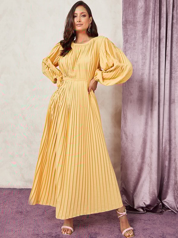 Long Volume Sleeves All Over Pleated ALine Maxi Dress Styli