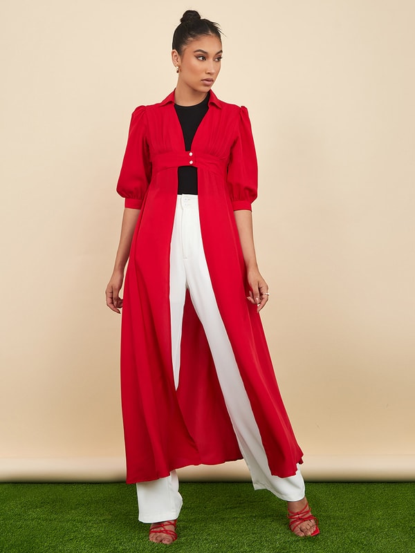 Puff Sleeves Front Button Detail Maxi Kimono Styli