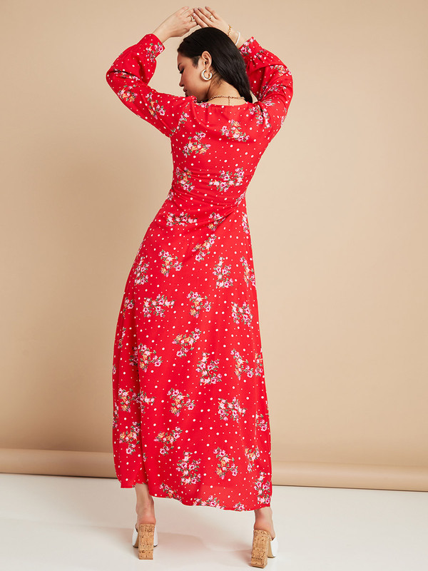 Long sleeve red floral maxi dress hot sale