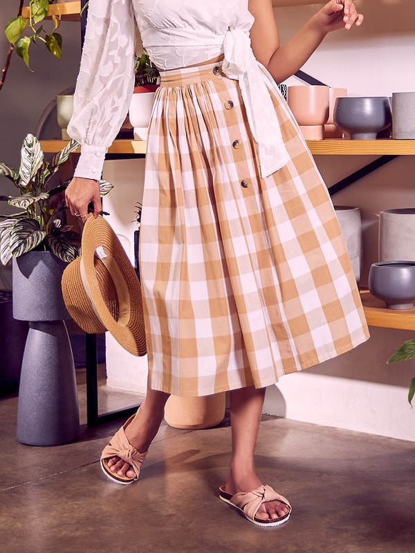 Premium Gingham Volume Midi Skirt