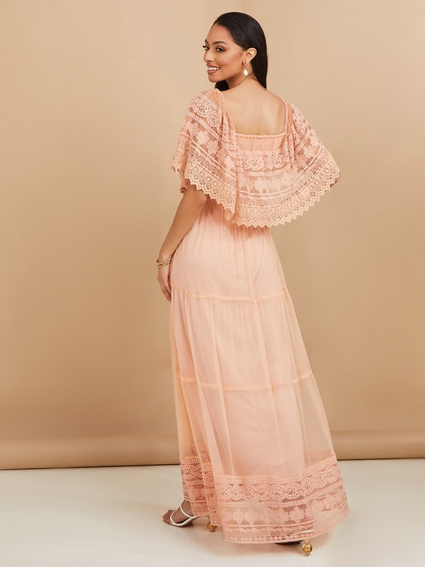 Off Shoulder Crochet Lace Insert ALine Maxi Dress Styli