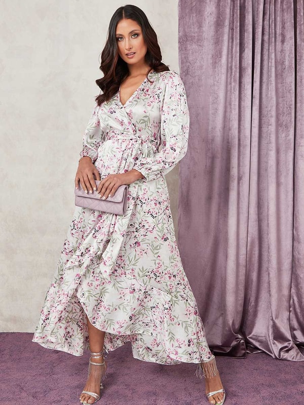 chinese dress ladies Women White & Blue Floral Printed V-Neck Waist Tie-Up Flared Wrap Maxi Dress main image 0