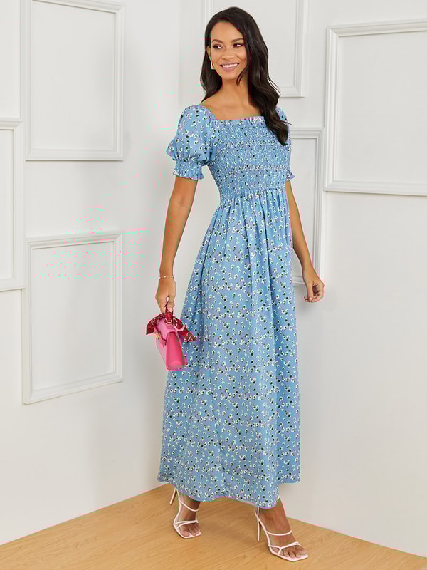 Puff Sleeves Floral Print A-Line Maxi Dress | Styli