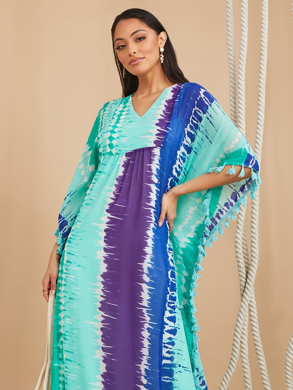 Tie & Dye Print Tassle Trim Kaftan Maxi Dress Styli