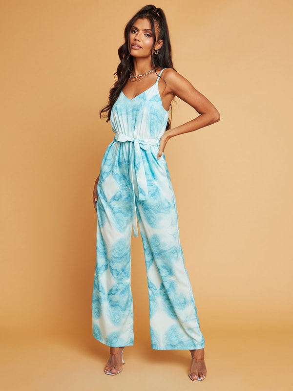 Strappy Marble Print Jumpsuit with Tie Belt For Women at Saudi Styli