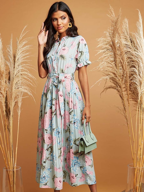 Pleated Floral Print Maxi Dress with Tie Belt | Styli