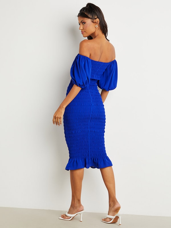 Bardot Shirred Bodycon Midi Dress For Women at UAE | Styli
