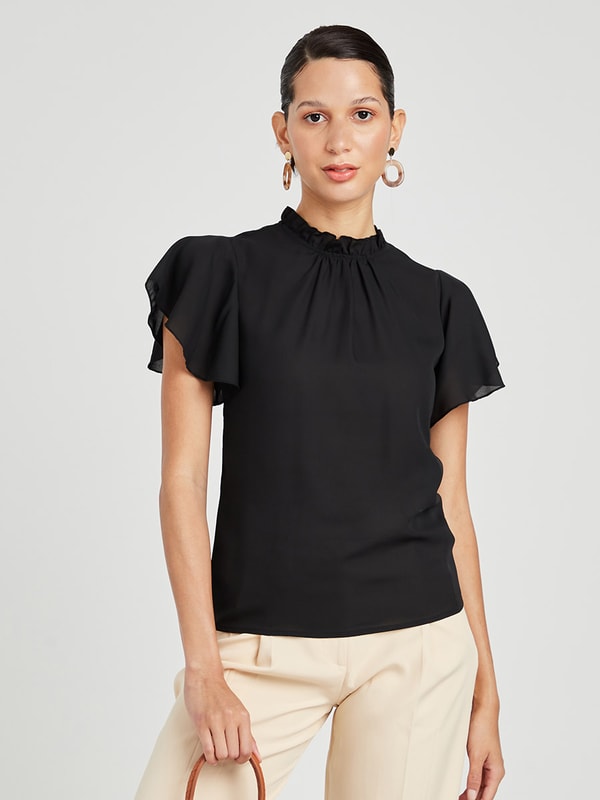Frill Short Sleeves High Neck Blouse For Women at Saudi | Styli