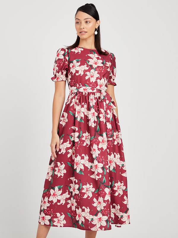Floral Print Puff Sleeves A-Line Midi Dress with Tie Belt | Styli