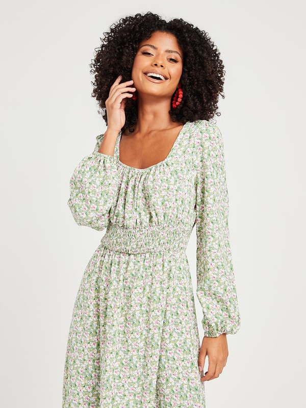 Floral Print Shirred Waist Long Sleeves A-Line Midi Dress For