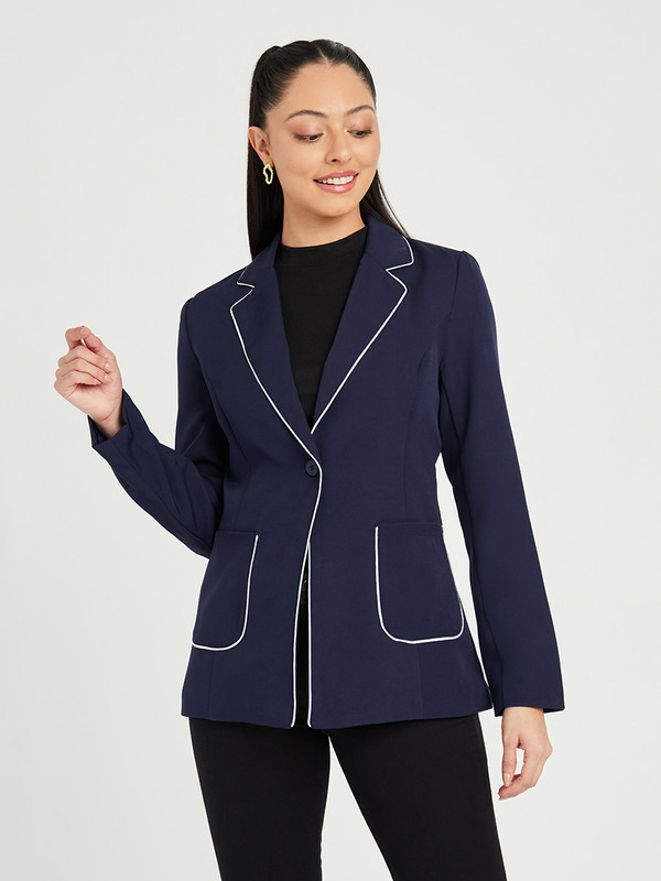 Buy Long Sleeves Contrast Piping Detail Woven Regular Blazer Navy Blue For Women Styli Kuwait