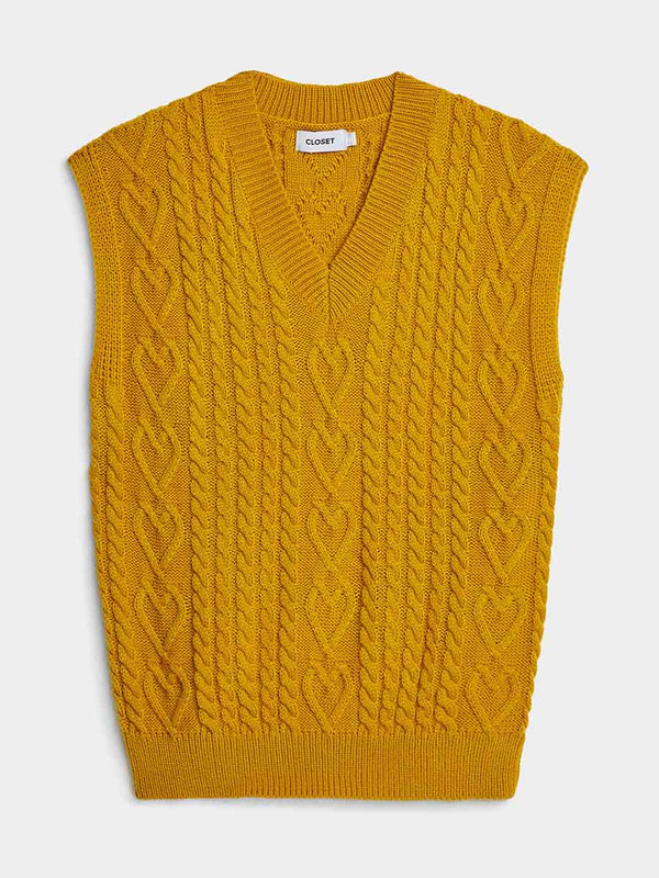 Buy Cable Knit V Neck Sweater Vest with Extended Shoulder Sleeves Mustard For Women Styli UAE