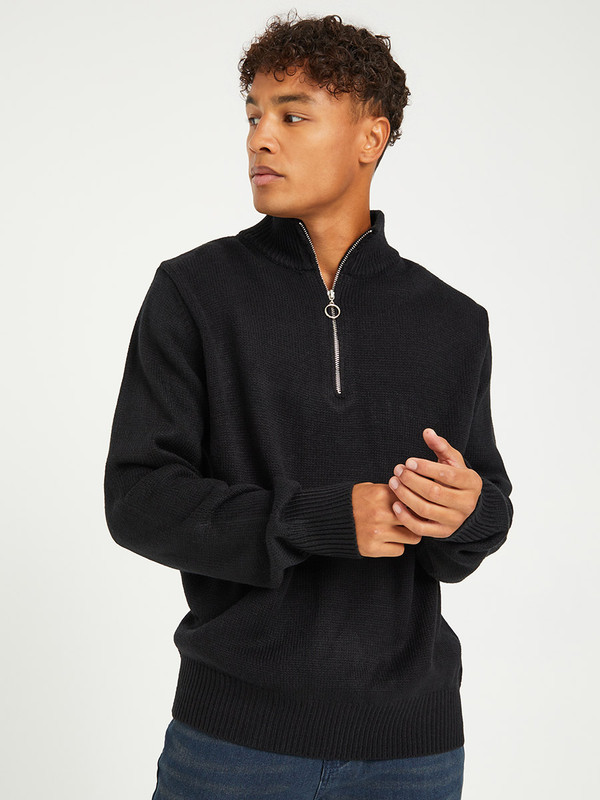 Zip Collared Basic Sweater with Long Sleeves