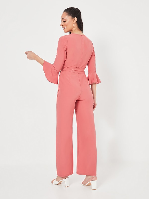 Flute Sleeves Wide Leg Jumpsuit with Self Tie Belt Styli