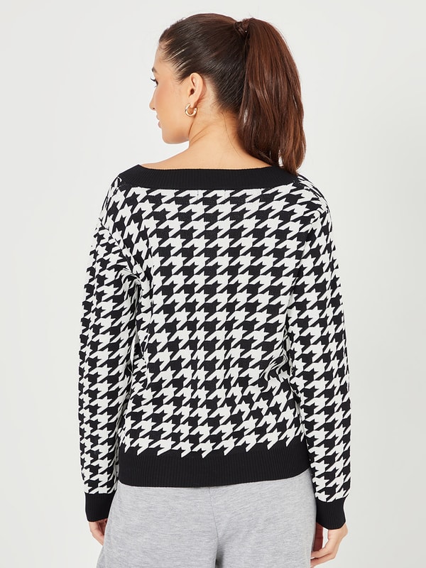 Brushed Jacquard Mono Houndstooth Knit Tunic Sweater