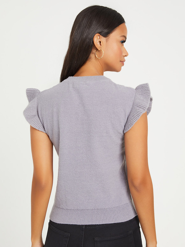 Buy Frill Sleeves Crisscross Pattern Round Neck Knit Top