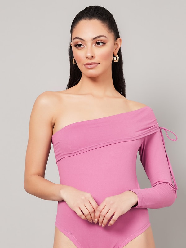 Buy One Shoulder Long Sleeves Bodysuit with Ruched Detail Purple For