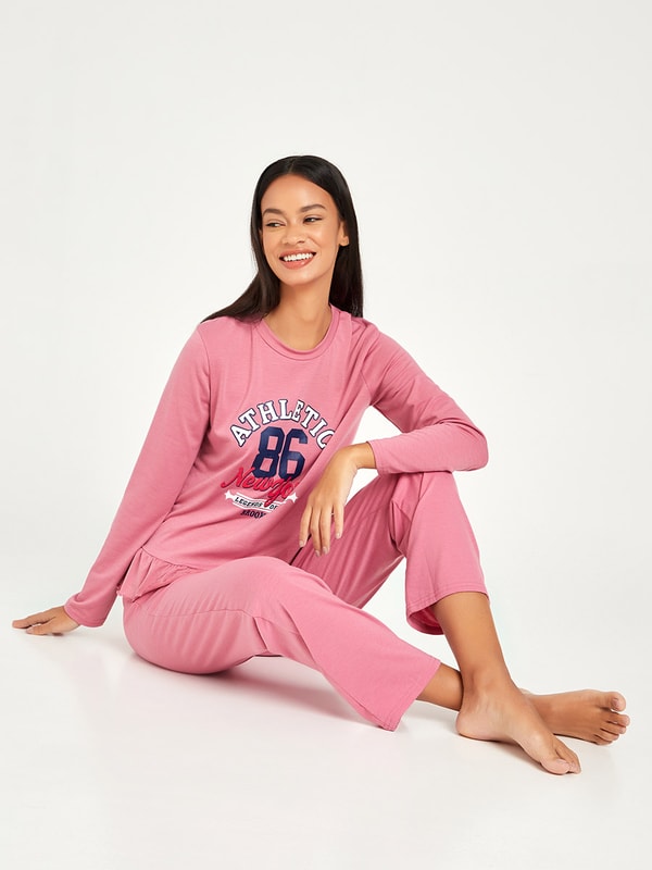 Buy NY86 Long Sleeves Ruffle Hem T-shirt and Pyjama Set Pink