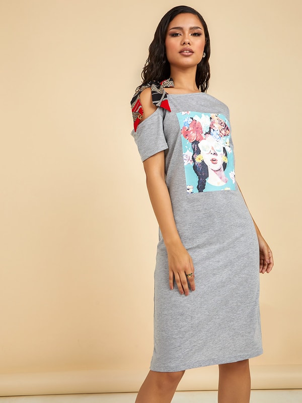 Ajio Miss Selfridge Grey Dress Buy Cold Shoulder Graphic Print T